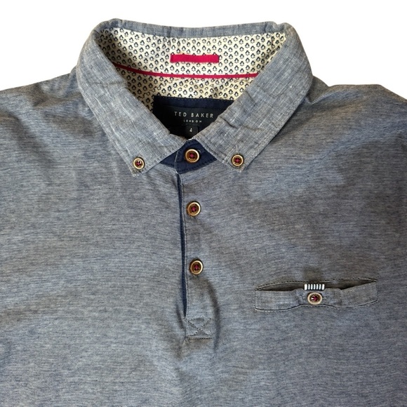 Ted Baker Men's Button Front Collar Short Sleeve Polo Shirt Blue 100%Cotton Sz 4 - Picture 3 of 8